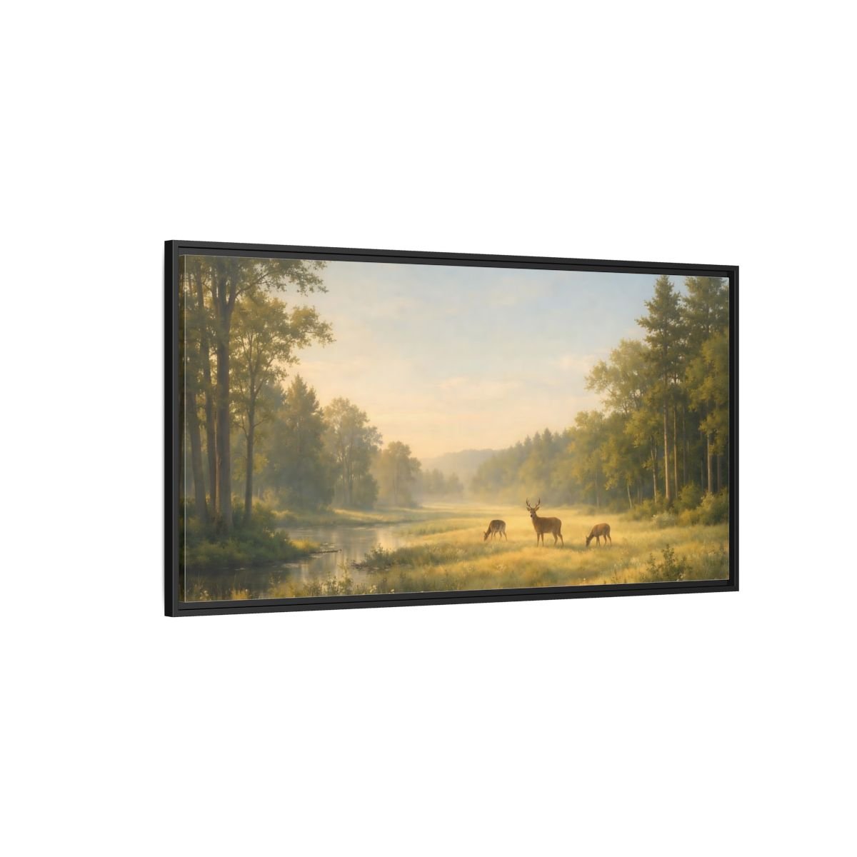 Landscape Nature Deer Golden Meadow - Framed Canvas Wall Art Print - YesArtYes