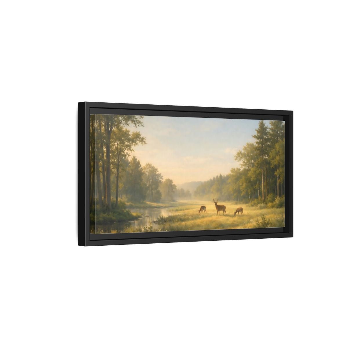 Landscape Nature Deer Golden Meadow - Framed Canvas Wall Art Print - YesArtYes