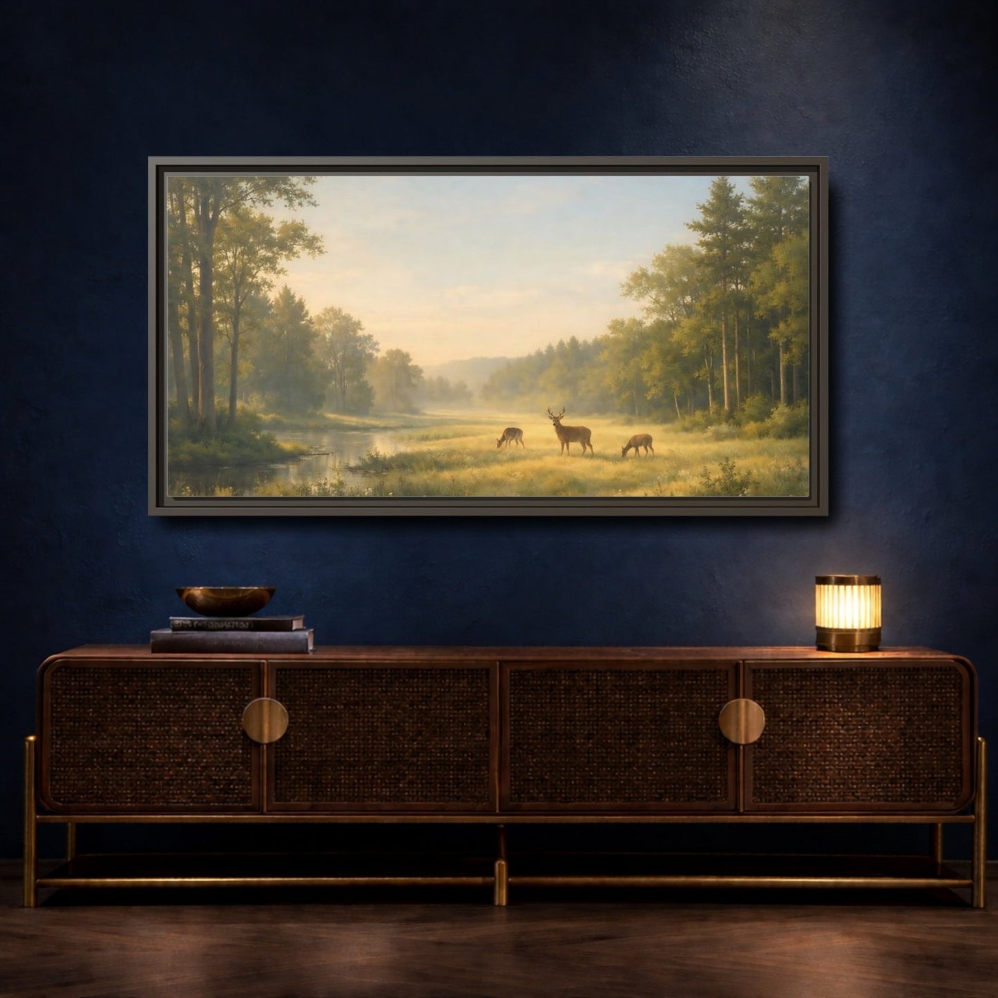 Landscape Nature Deer Golden Meadow - Framed Canvas Wall Art Print - YesArtYes