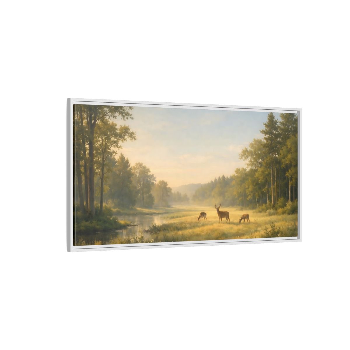 Landscape Nature Deer Golden Meadow - Framed Canvas Wall Art Print - YesArtYes