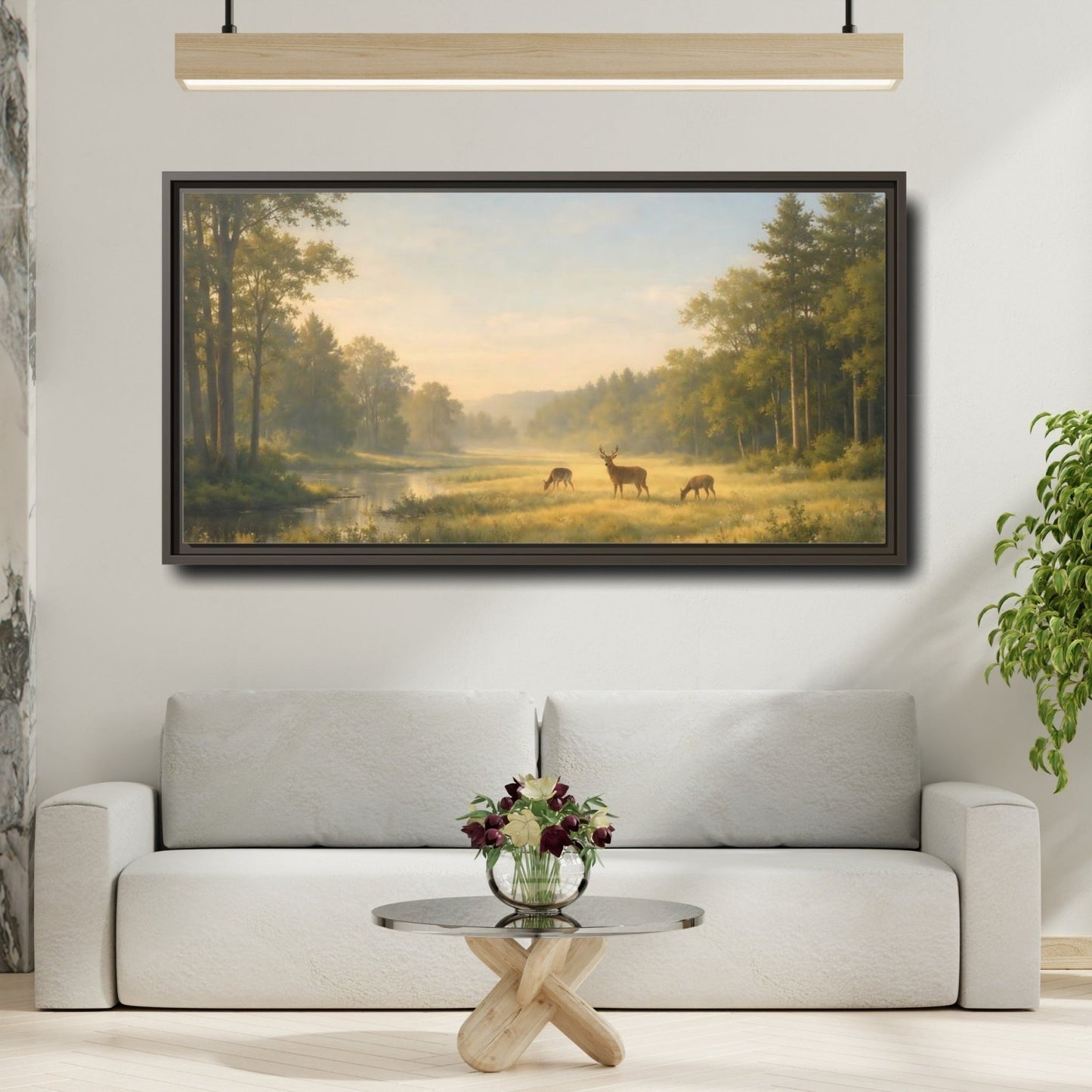 Landscape Nature Deer Golden Meadow - Framed Canvas Wall Art Print - YesArtYes