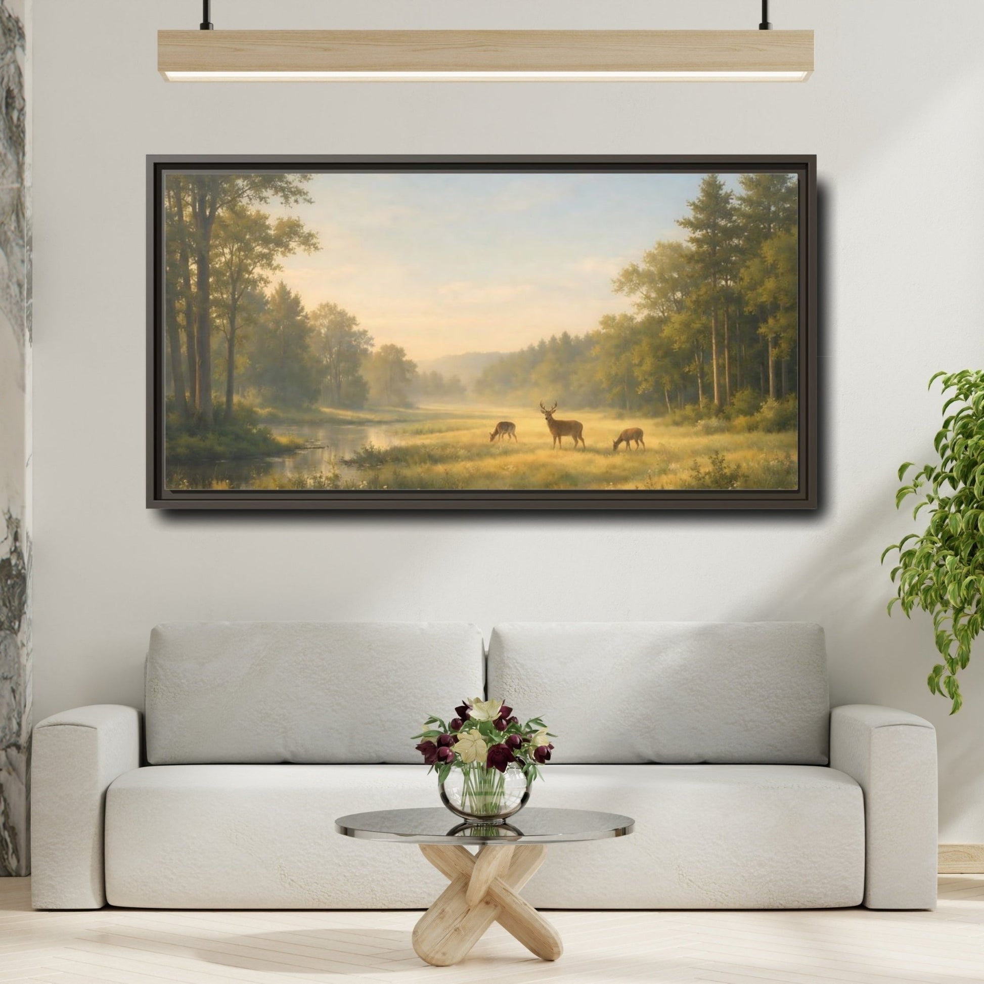 Landscape Nature Deer Golden Meadow - Framed Canvas Wall Art Print - YesArtYes
