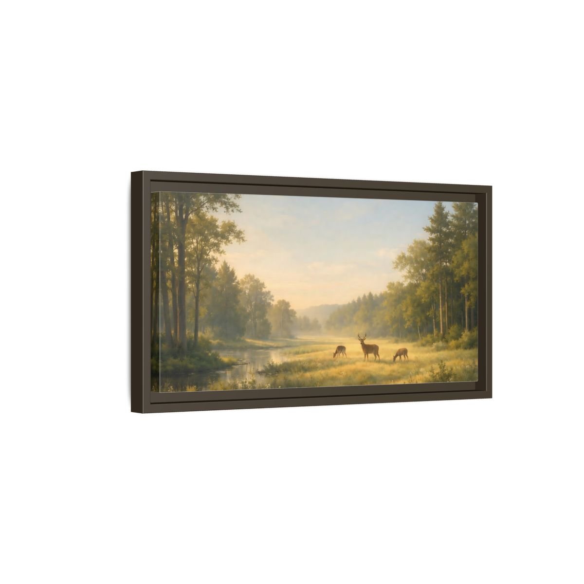 Landscape Nature Deer Golden Meadow - Framed Canvas Wall Art Print - YesArtYes
