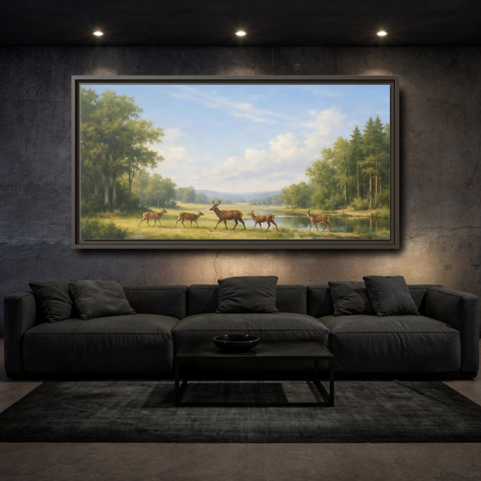 Landscape Nature Deer Green - Framed Canvas Wall Art Print - YesArtYes