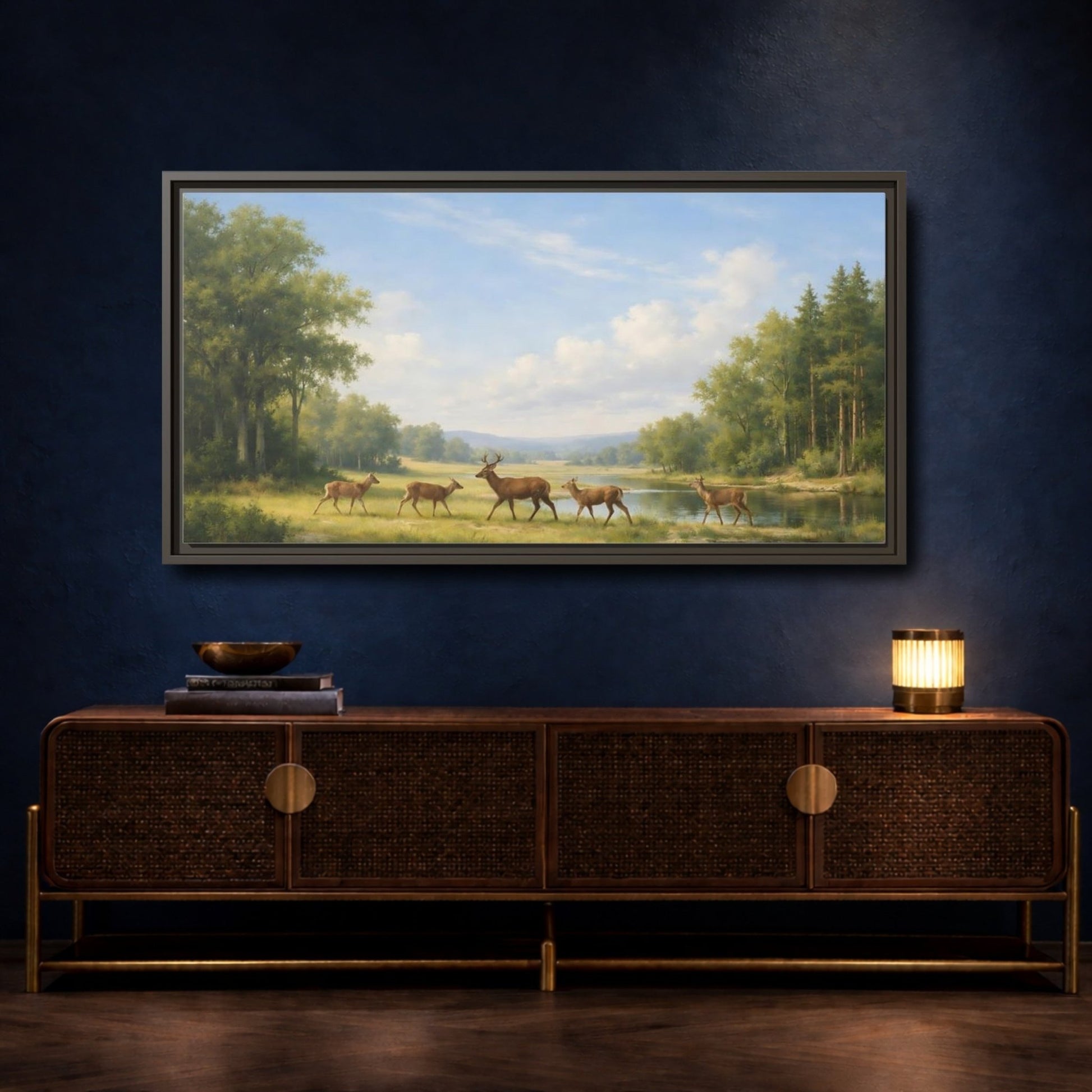 Landscape Nature Deer Green - Framed Canvas Wall Art Print - YesArtYes