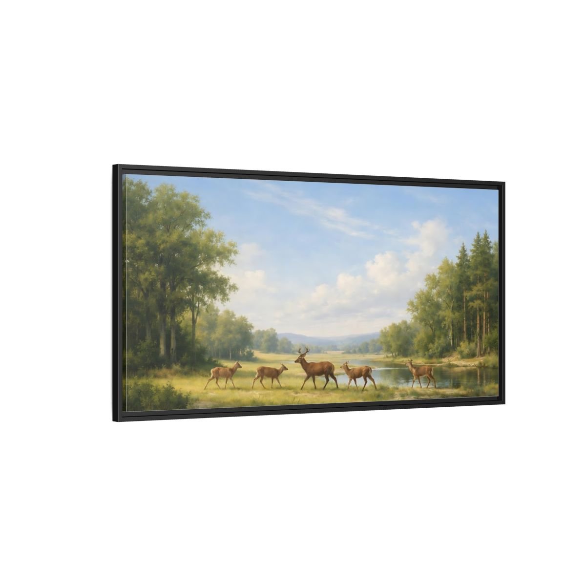 Landscape Nature Deer Green - Framed Canvas Wall Art Print - YesArtYes