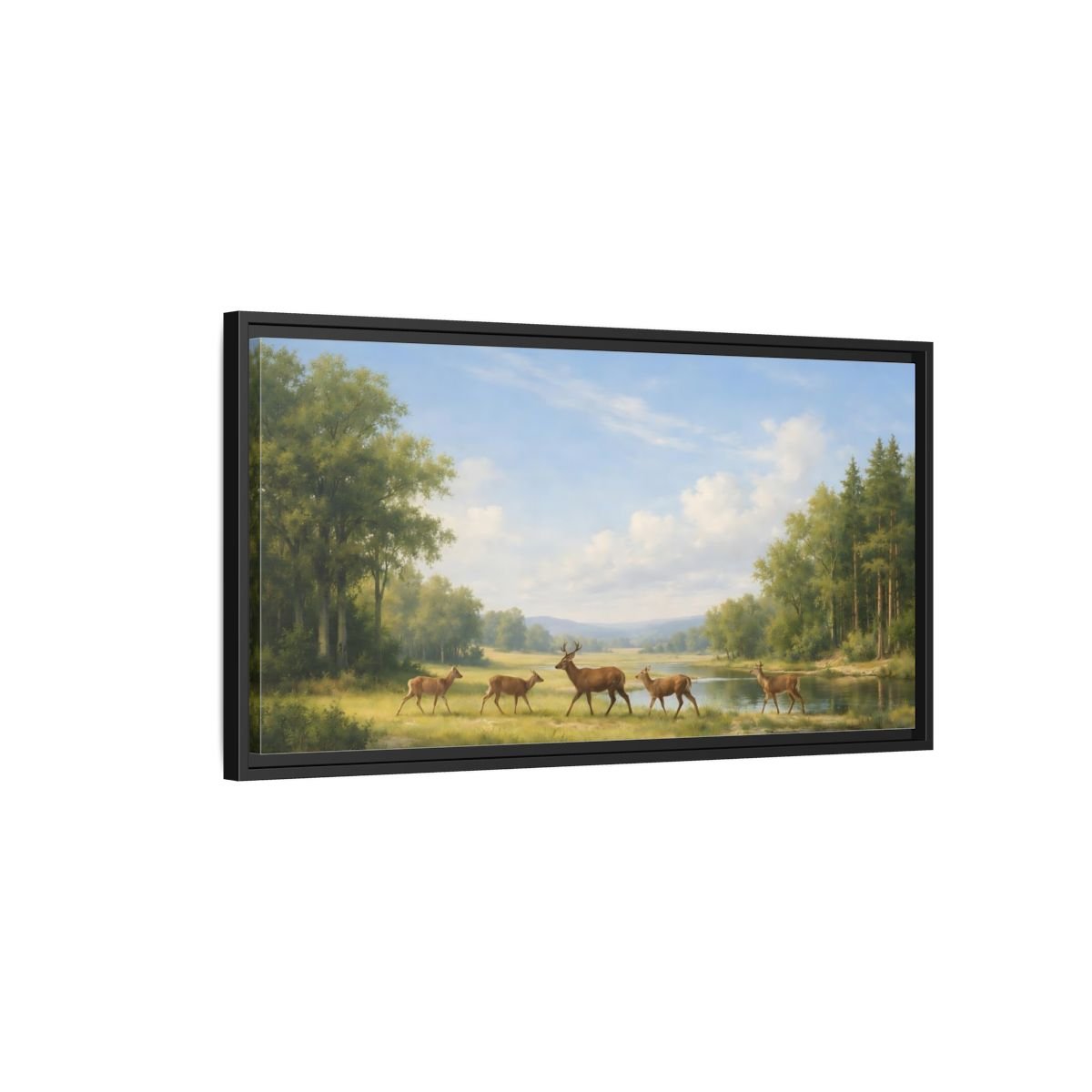 Landscape Nature Deer Green - Framed Canvas Wall Art Print - YesArtYes