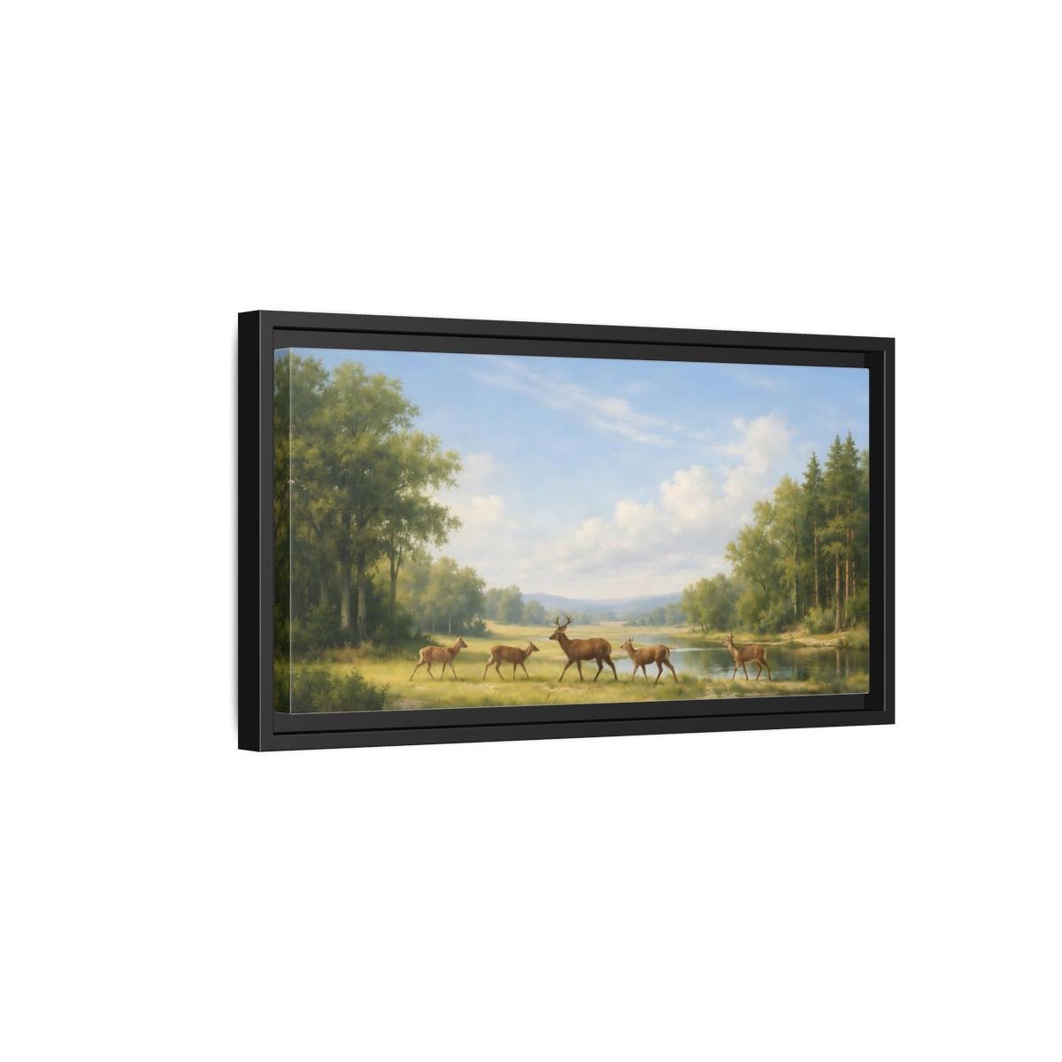 Landscape Nature Deer Green - Framed Canvas Wall Art Print - YesArtYes