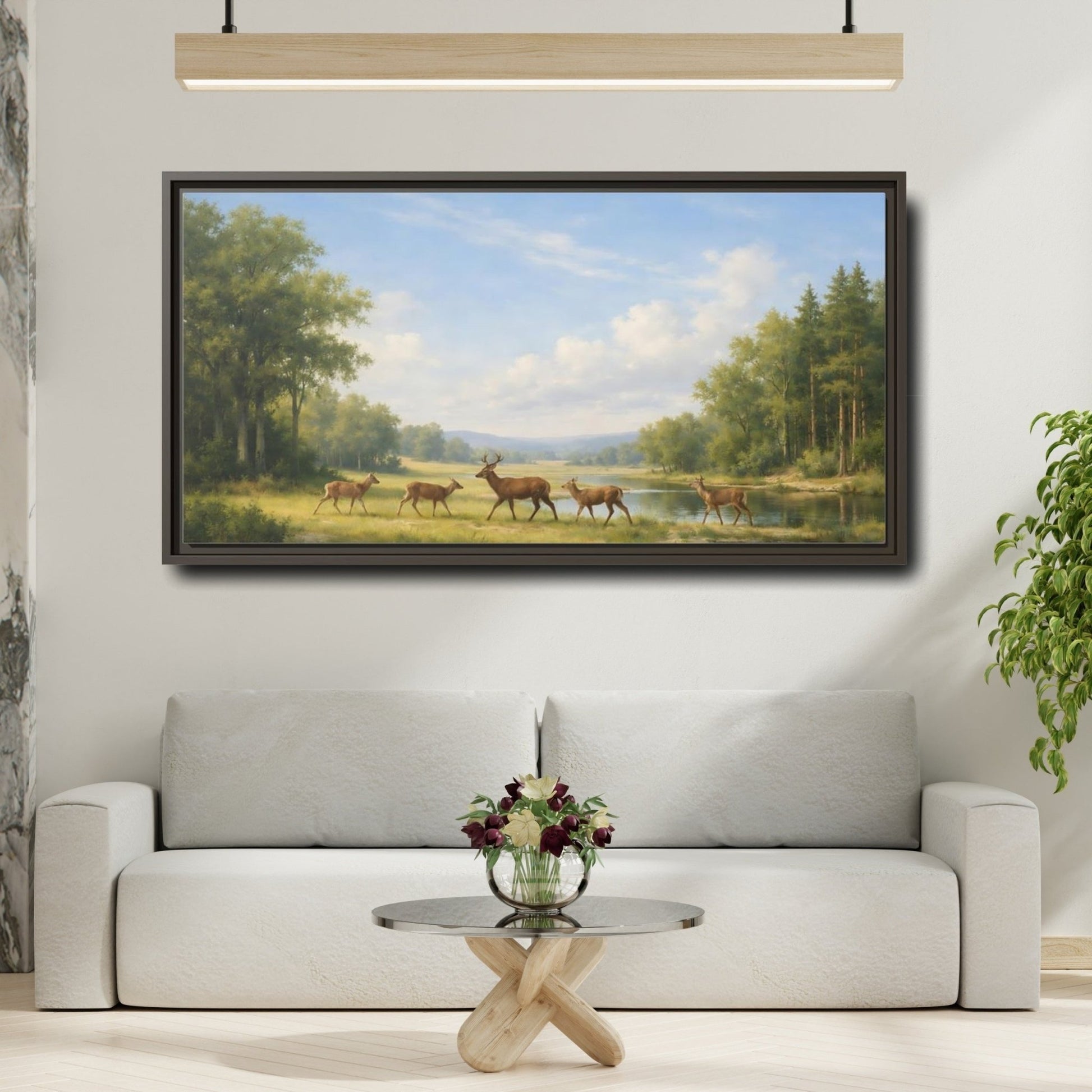 Landscape Nature Deer Green - Framed Canvas Wall Art Print - YesArtYes