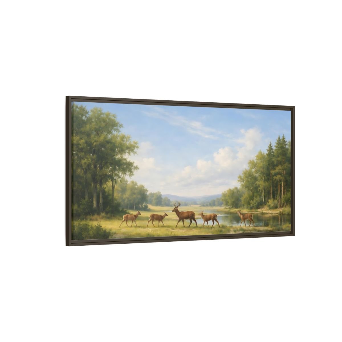 Landscape Nature Deer Green - Framed Canvas Wall Art Print - YesArtYes