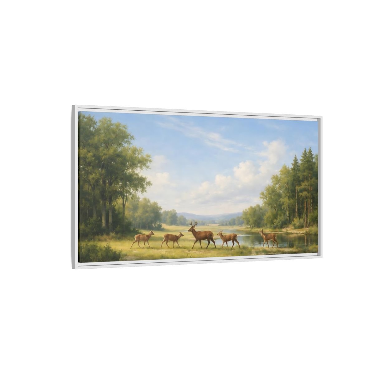 Landscape Nature Deer Green - Framed Canvas Wall Art Print - YesArtYes
