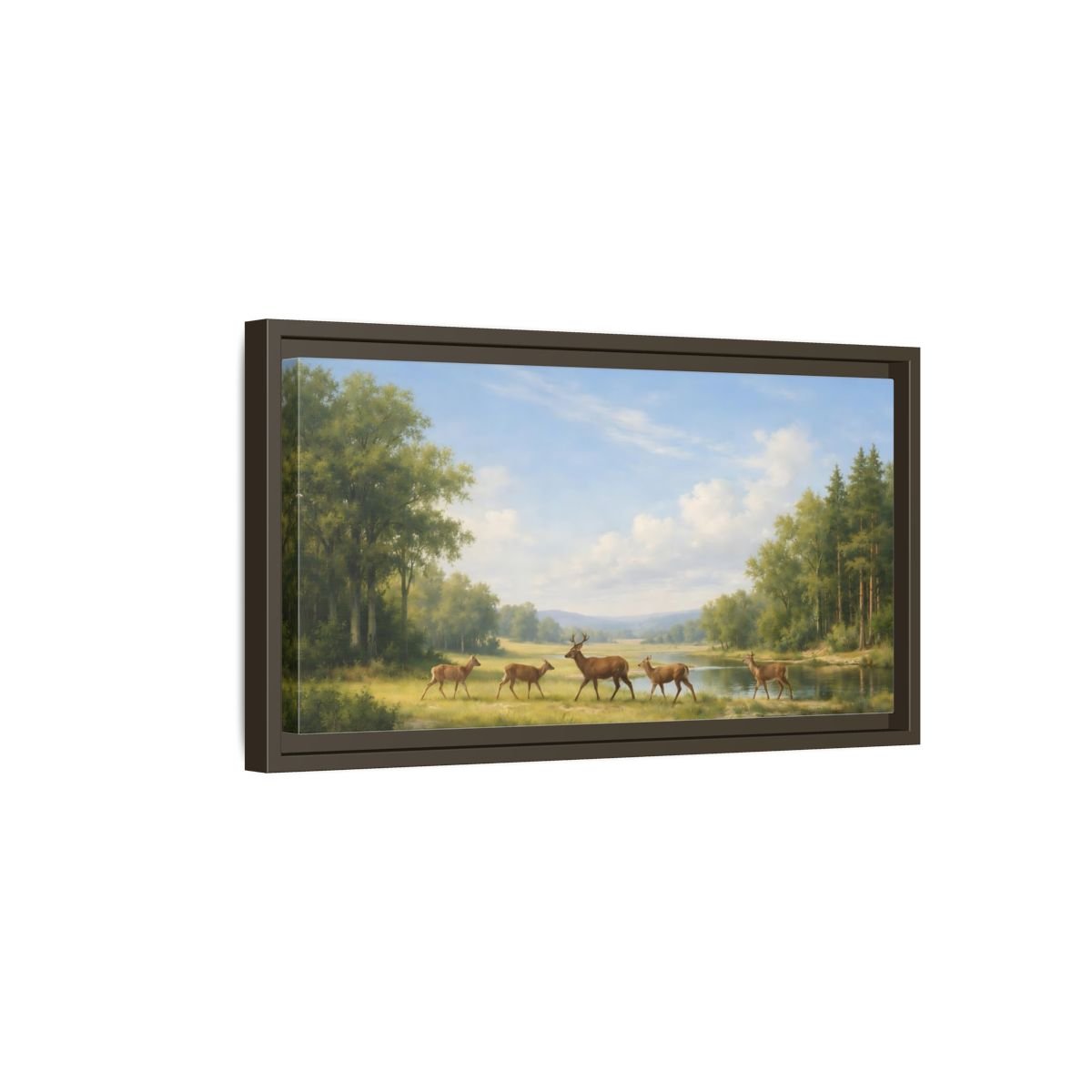 Landscape Nature Deer Green - Framed Canvas Wall Art Print - YesArtYes