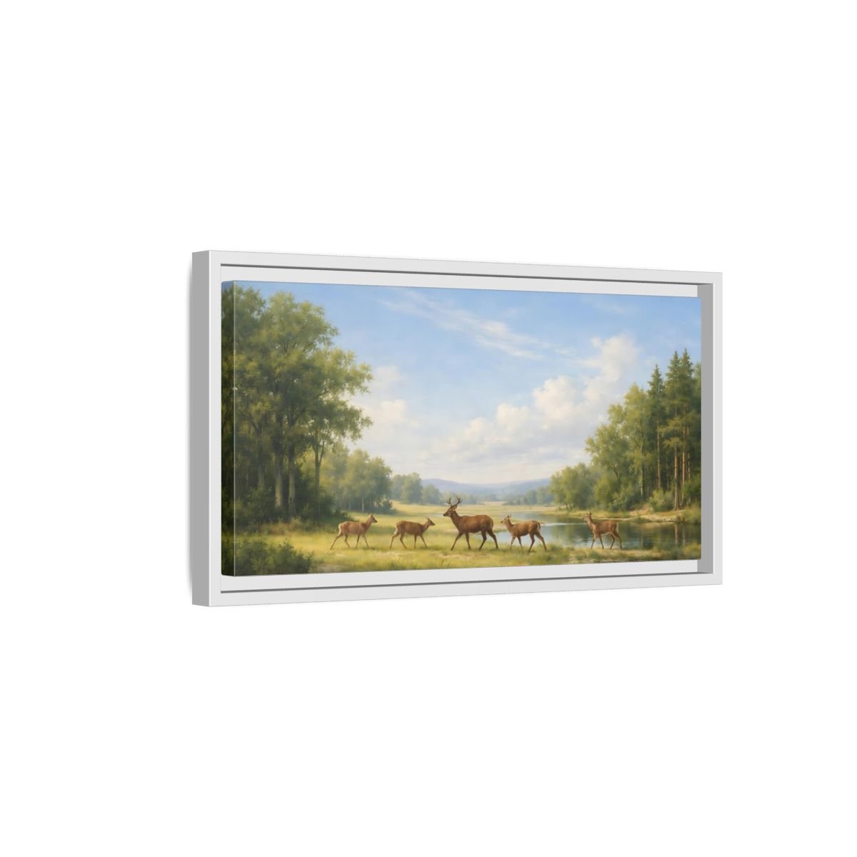 Landscape Nature Deer Green - Framed Canvas Wall Art Print - YesArtYes