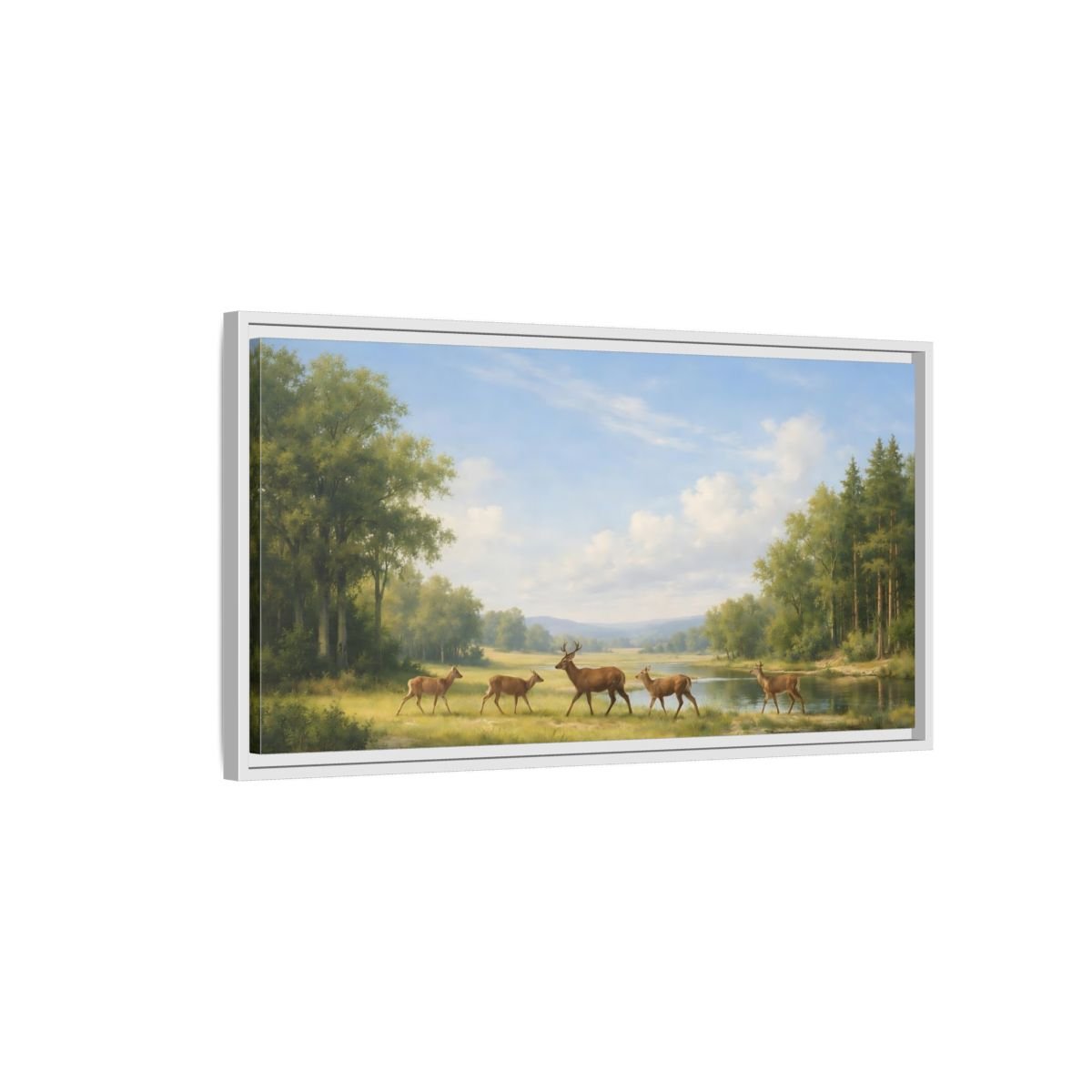 Landscape Nature Deer Green - Framed Canvas Wall Art Print - YesArtYes