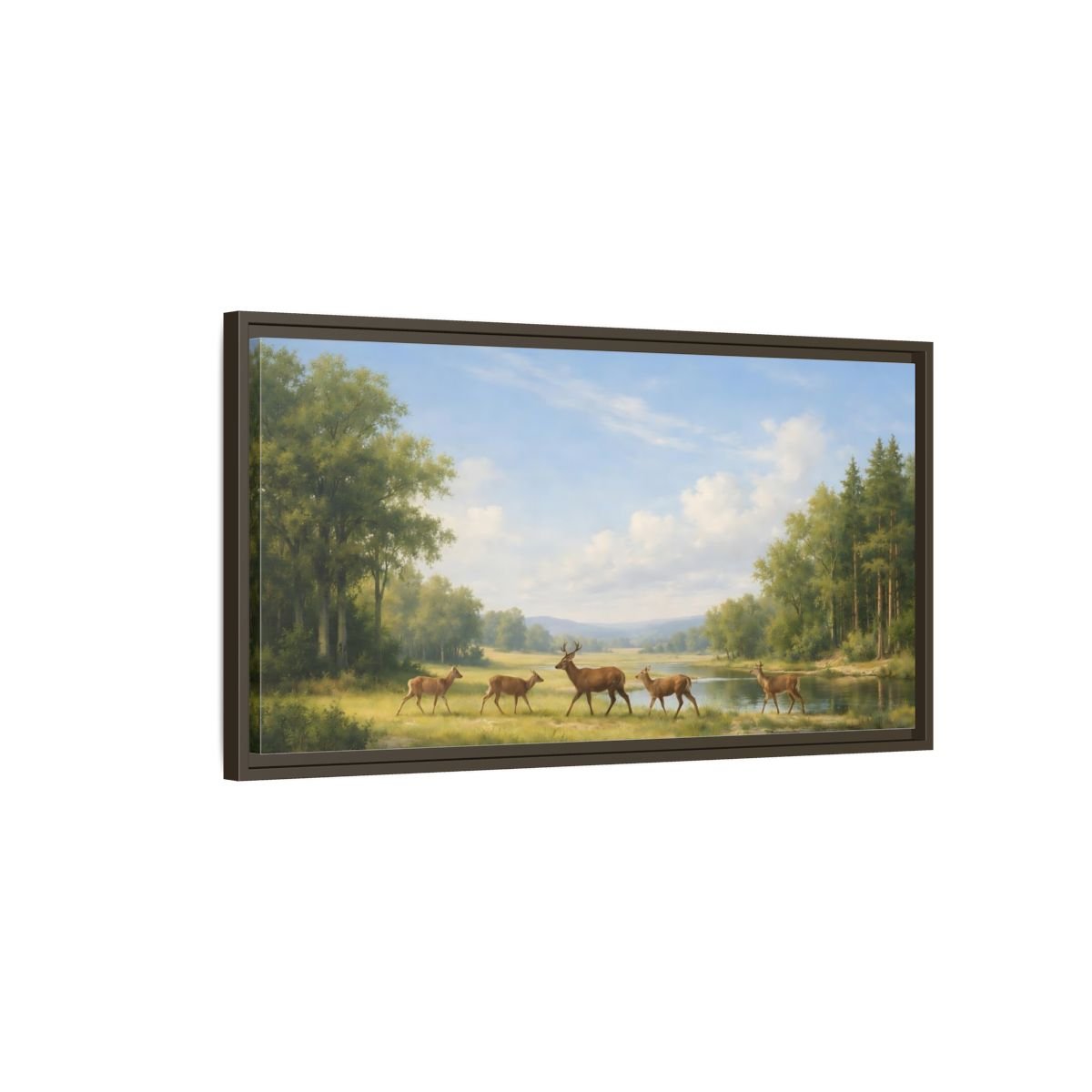 Landscape Nature Deer Green - Framed Canvas Wall Art Print - YesArtYes