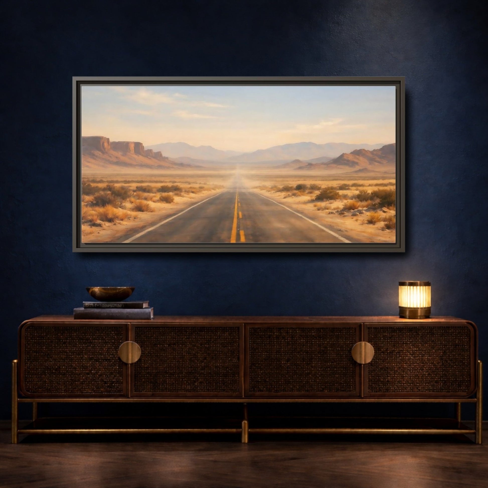 Landscape Nature Desert Road Brown And - Framed Canvas Wall Art Print - YesArtYes