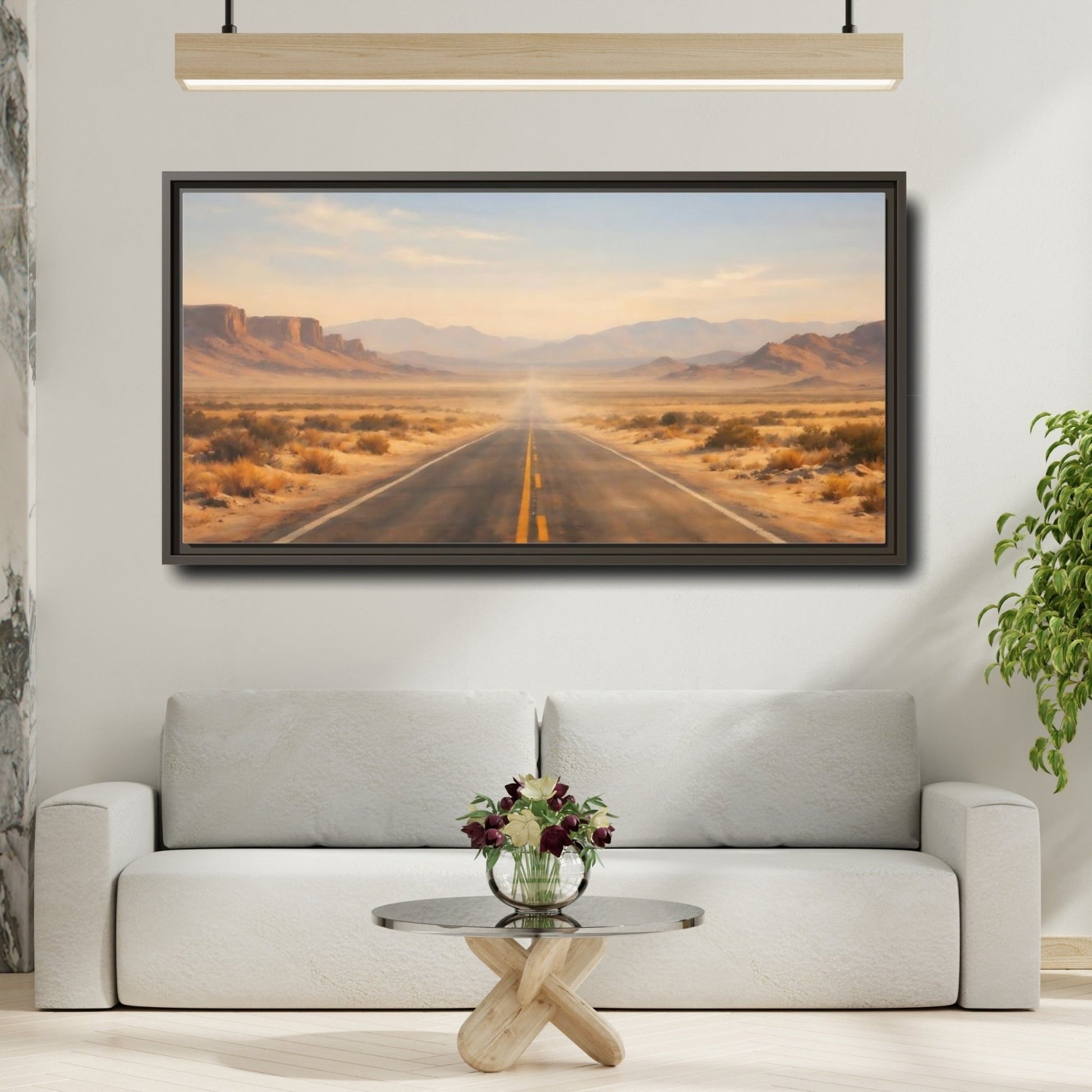 Landscape Nature Desert Road Brown And - Framed Canvas Wall Art Print - YesArtYes