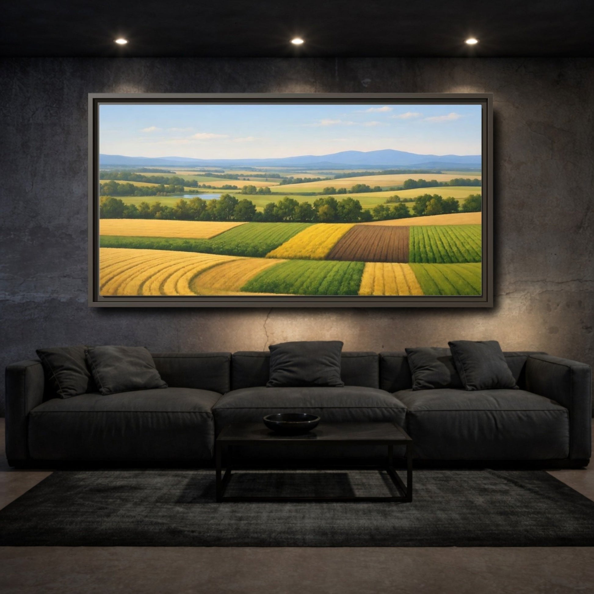 Landscape Nature Farm Fields Green Yellow - Framed Canvas Wall Art Print - YesArtYes