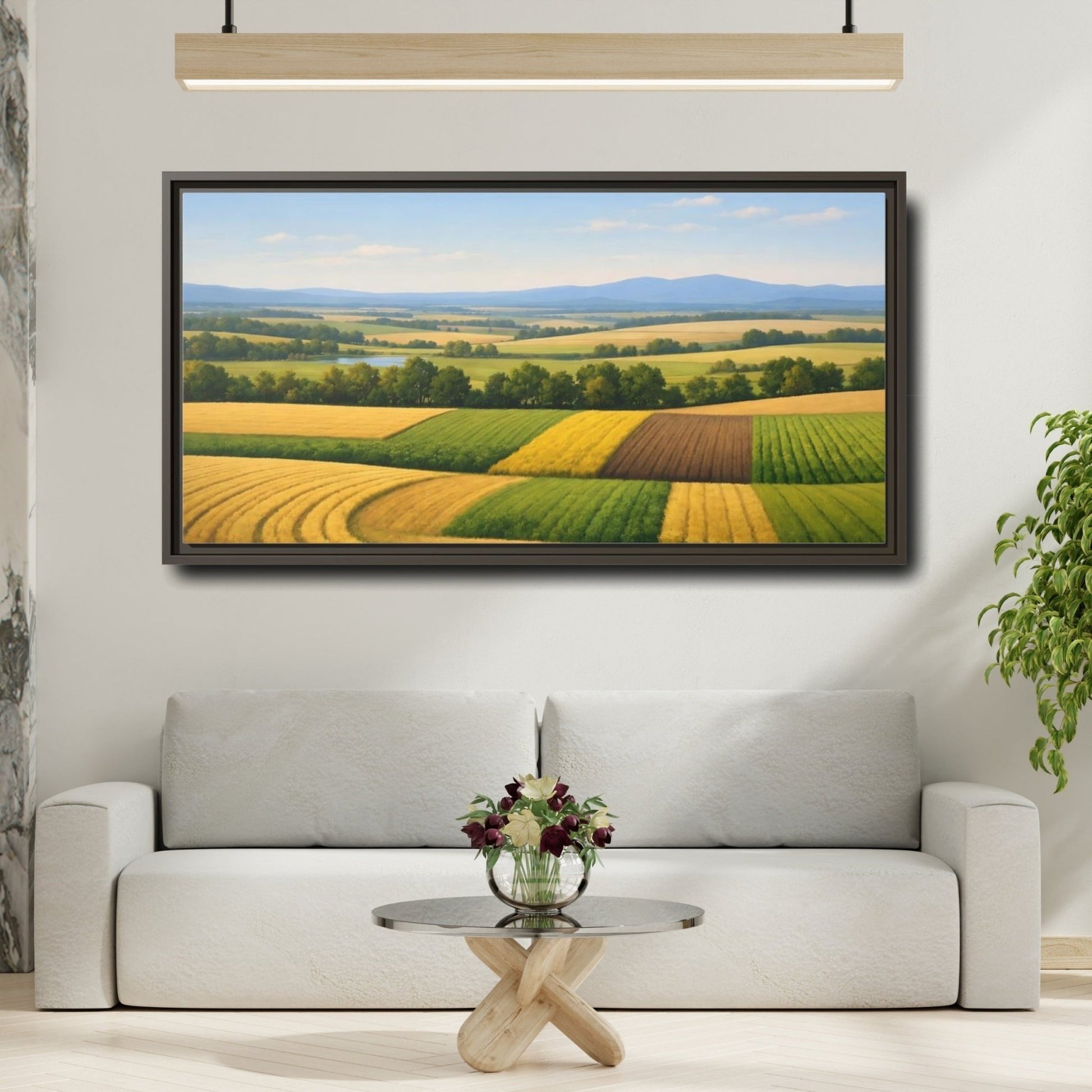 Landscape Nature Farm Fields Green Yellow - Framed Canvas Wall Art Print - YesArtYes