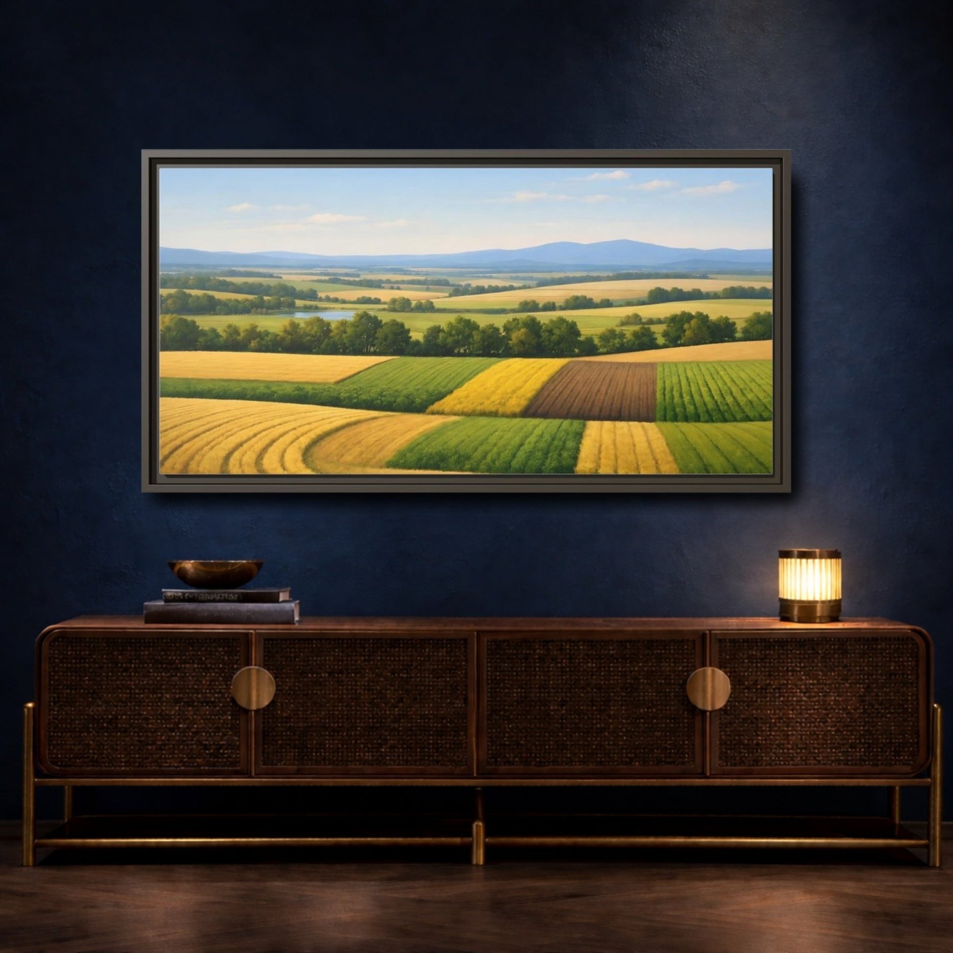 Landscape Nature Farm Fields Green Yellow - Framed Canvas Wall Art Print - YesArtYes