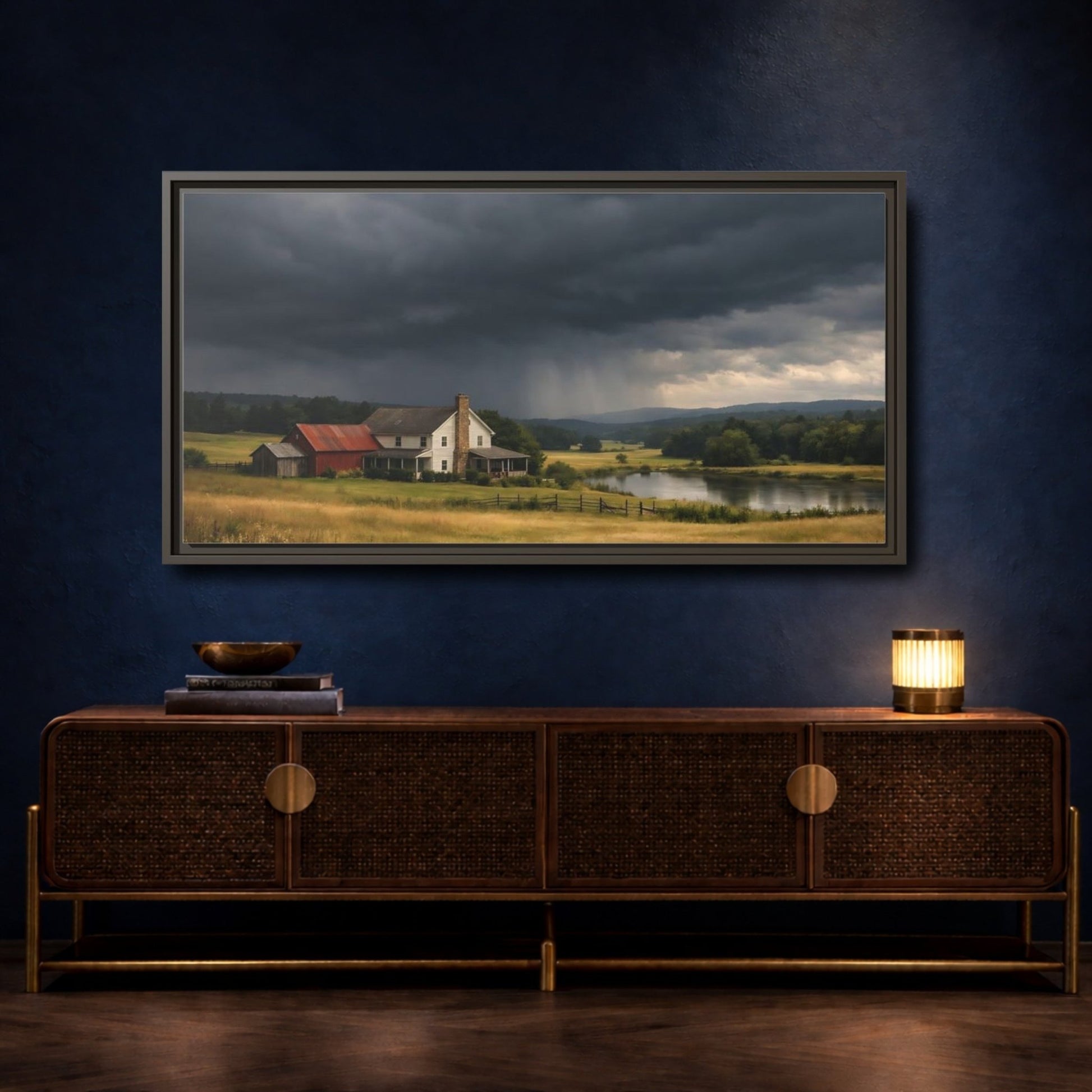 Landscape Nature Farmhouse Stormy - Framed Canvas Wall Art Print - YesArtYes
