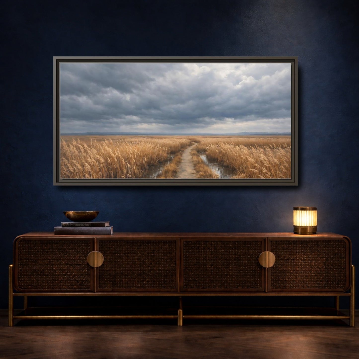 Landscape Nature Field Path Golden And - Framed Canvas Wall Art Print - YesArtYes