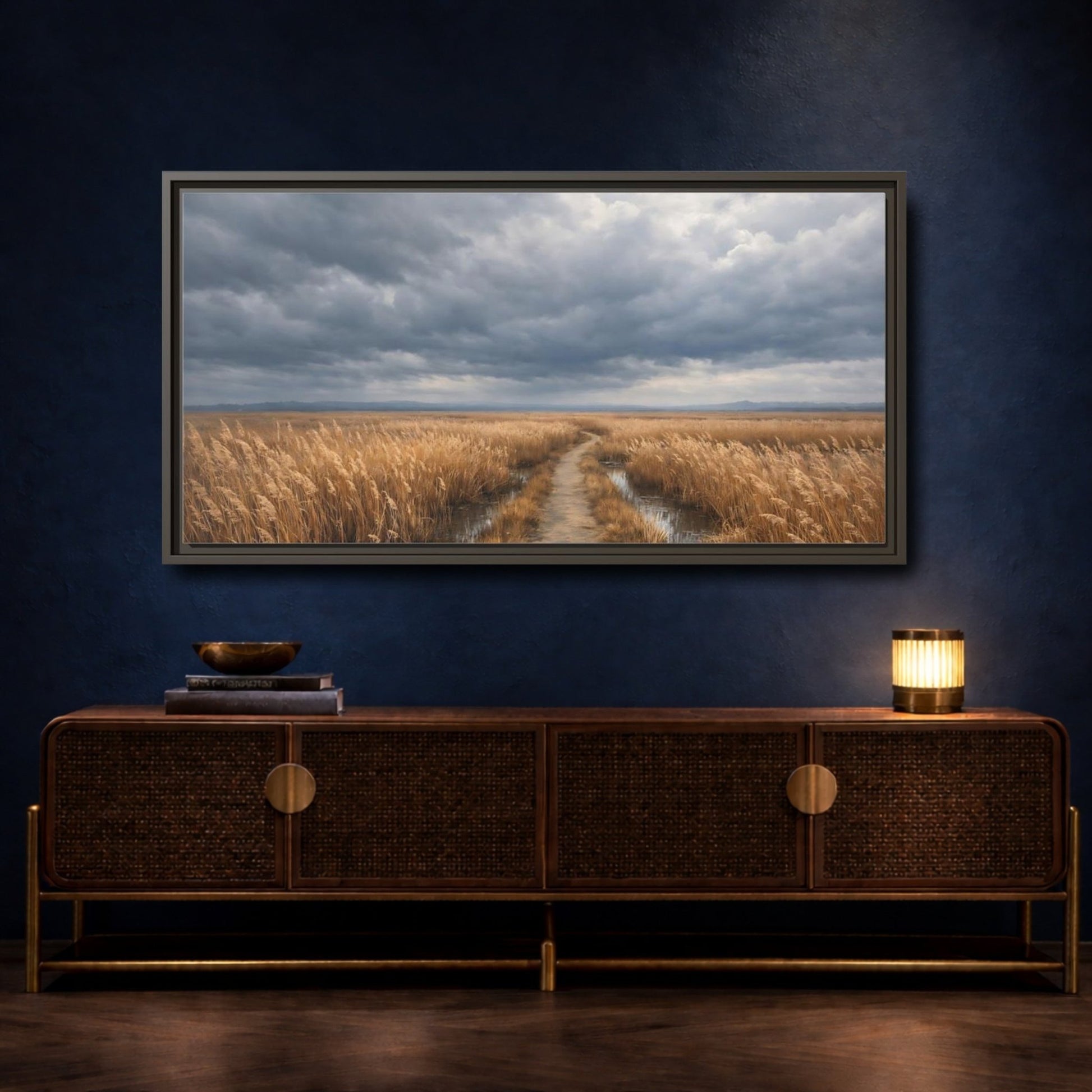 Landscape Nature Field Path Golden And - Framed Canvas Wall Art Print - YesArtYes