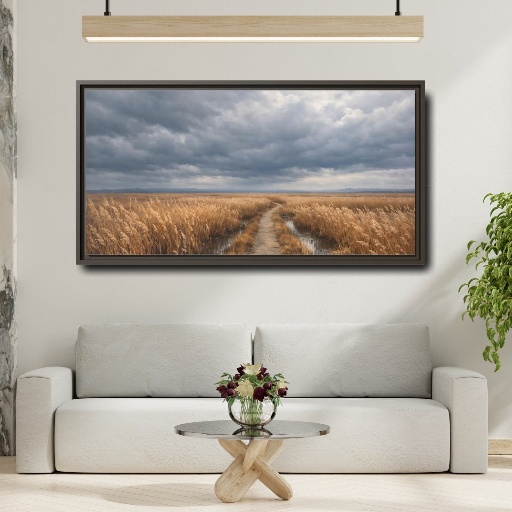 Landscape Nature Field Path Golden And - Framed Canvas Wall Art Print - YesArtYes