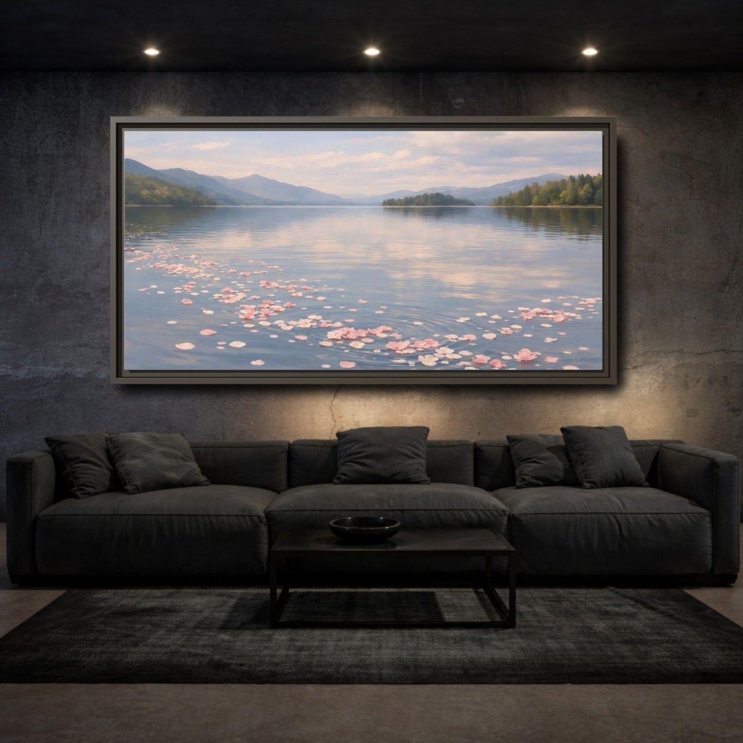 Landscape Nature Flower Petals Pink Lake - Framed Canvas Wall Art Print - YesArtYes