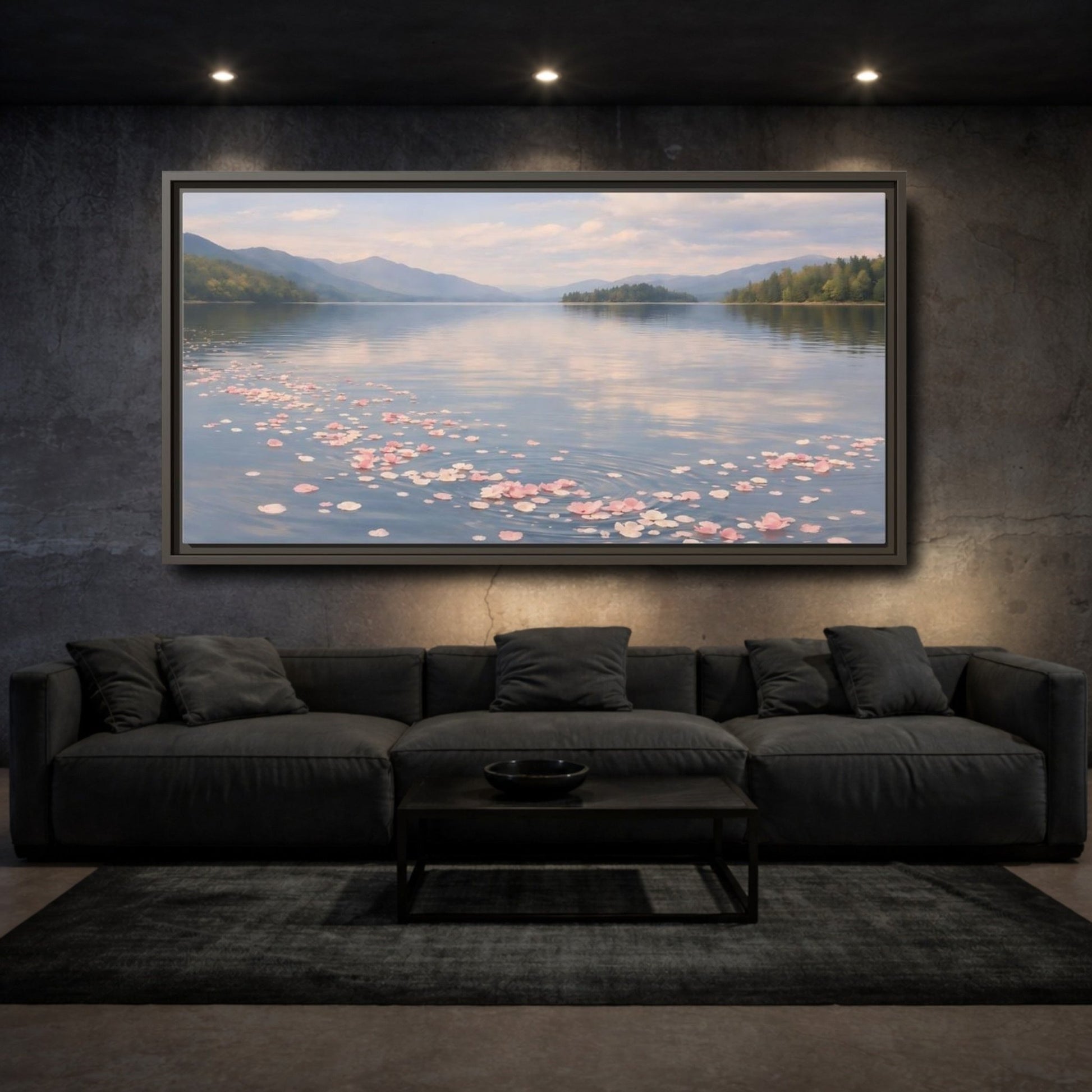 Landscape Nature Flower Petals Pink Lake - Framed Canvas Wall Art Print - YesArtYes