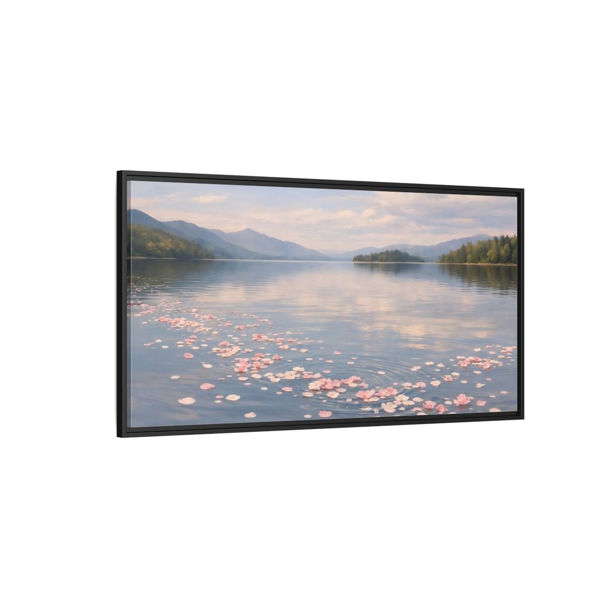 Landscape Nature Flower Petals Pink Lake - Framed Canvas Wall Art Print - YesArtYes