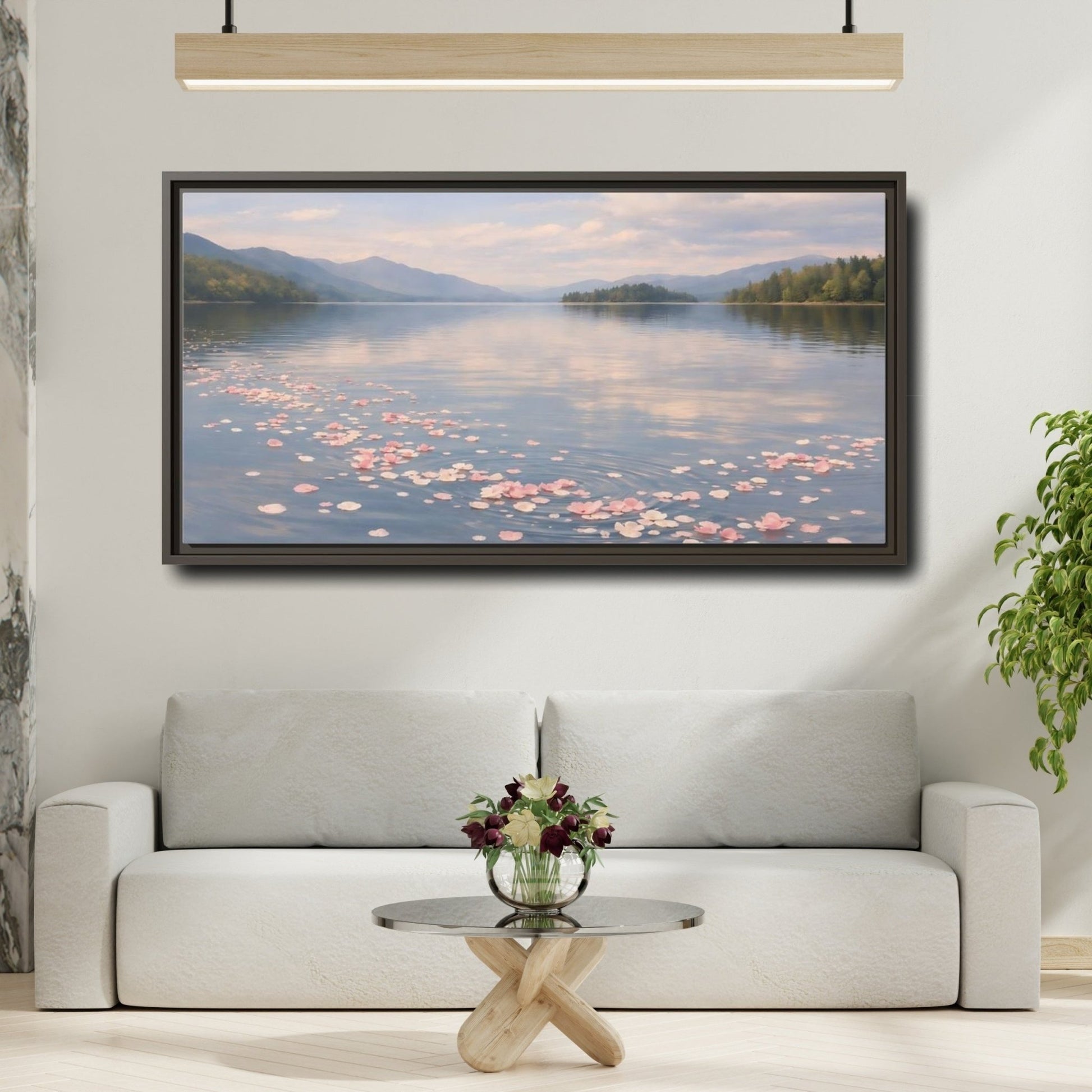 Landscape Nature Flower Petals Pink Lake - Framed Canvas Wall Art Print - YesArtYes