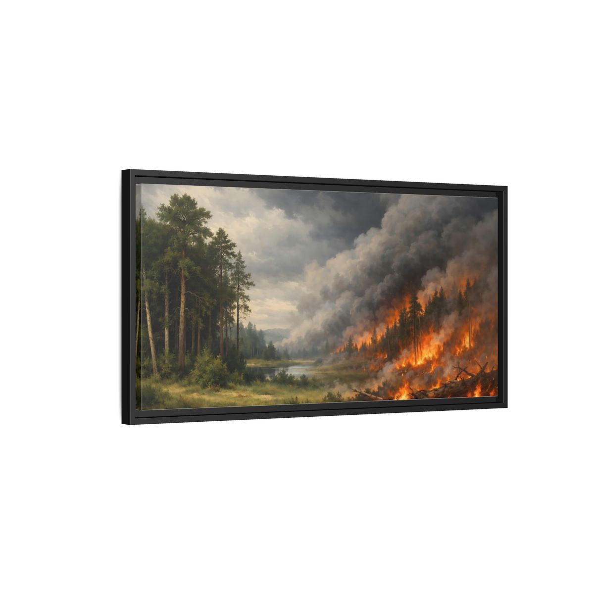 Side Mockup 2. Nature Forest Fire Dramatic Forest Fire shown as stretched canvas wall art