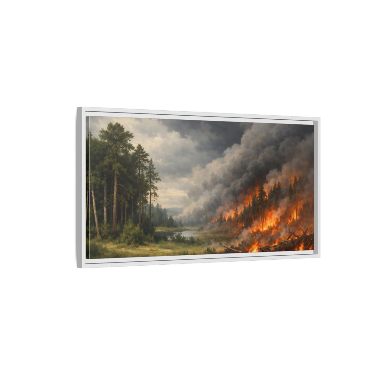 Side Mockup 1. Nature Forest Fire Dramatic Forest Fire shown as stretched canvas wall art