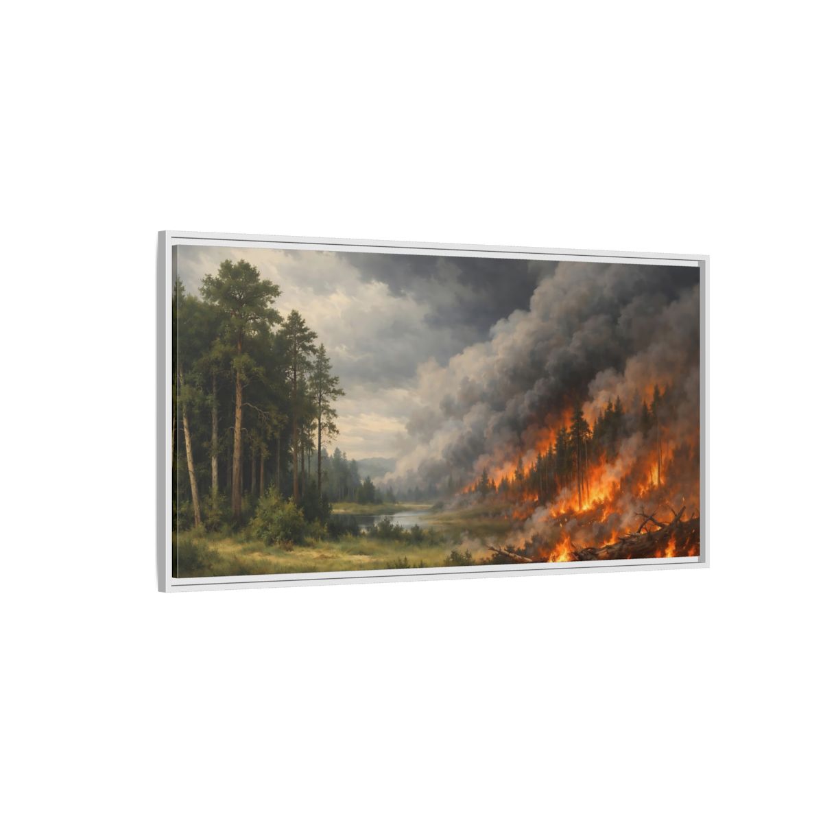 Side Mockup 3. Nature Forest Fire Dramatic Forest Fire shown as stretched canvas wall art