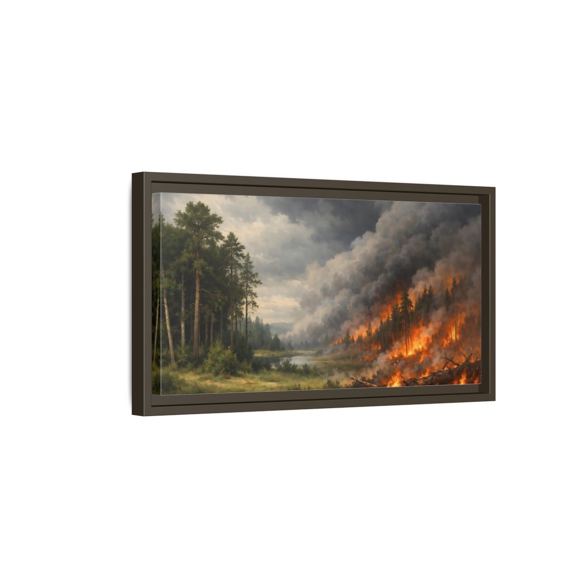 Side Mockup 7. Nature Forest Fire Dramatic Forest Fire shown as stretched canvas wall art