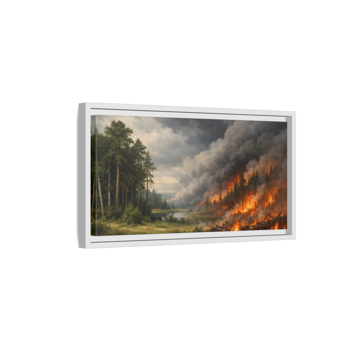 Side Mockup 6. Nature Forest Fire Dramatic Forest Fire shown as stretched canvas wall art