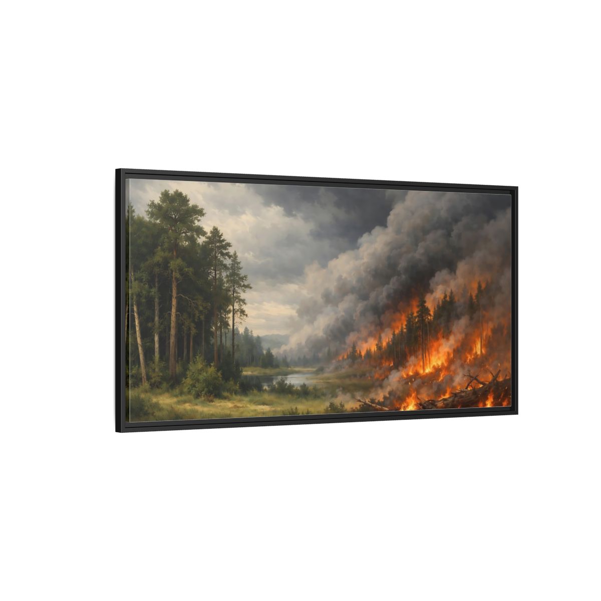 Side Mockup 5. Nature Forest Fire Dramatic Forest Fire shown as stretched canvas wall art