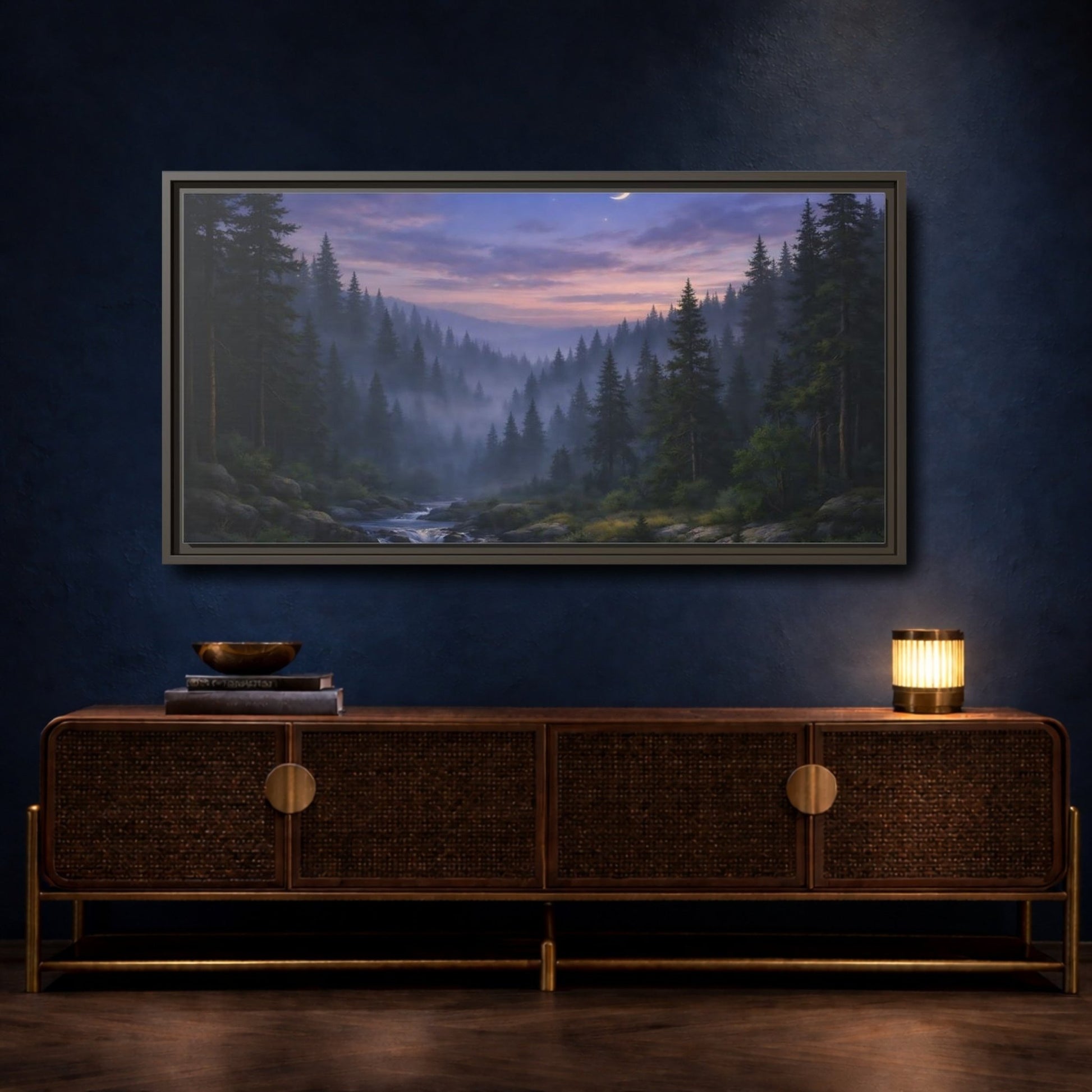 Landscape Nature Forest River Blue Purple - Framed Canvas Wall Art Print - YesArtYes