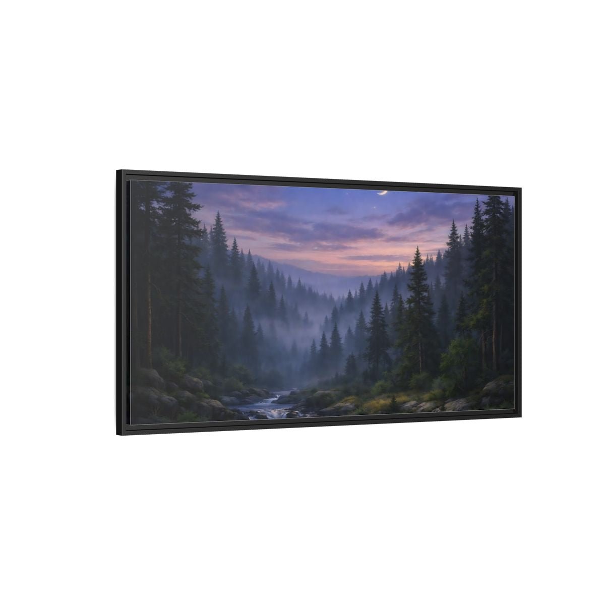 Landscape Nature Forest River Blue Purple - Framed Canvas Wall Art Print - YesArtYes