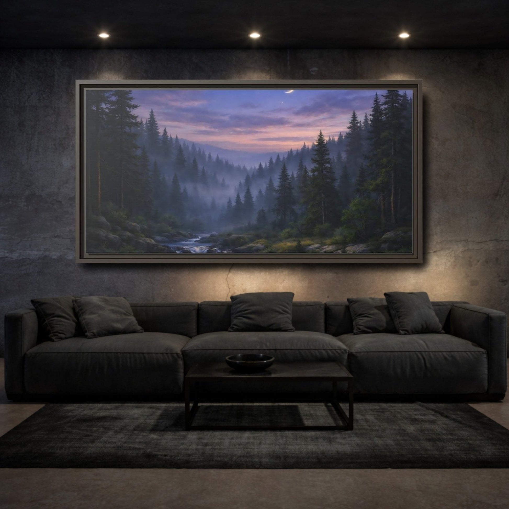 Landscape Nature Forest River Blue Purple - Framed Canvas Wall Art Print - YesArtYes
