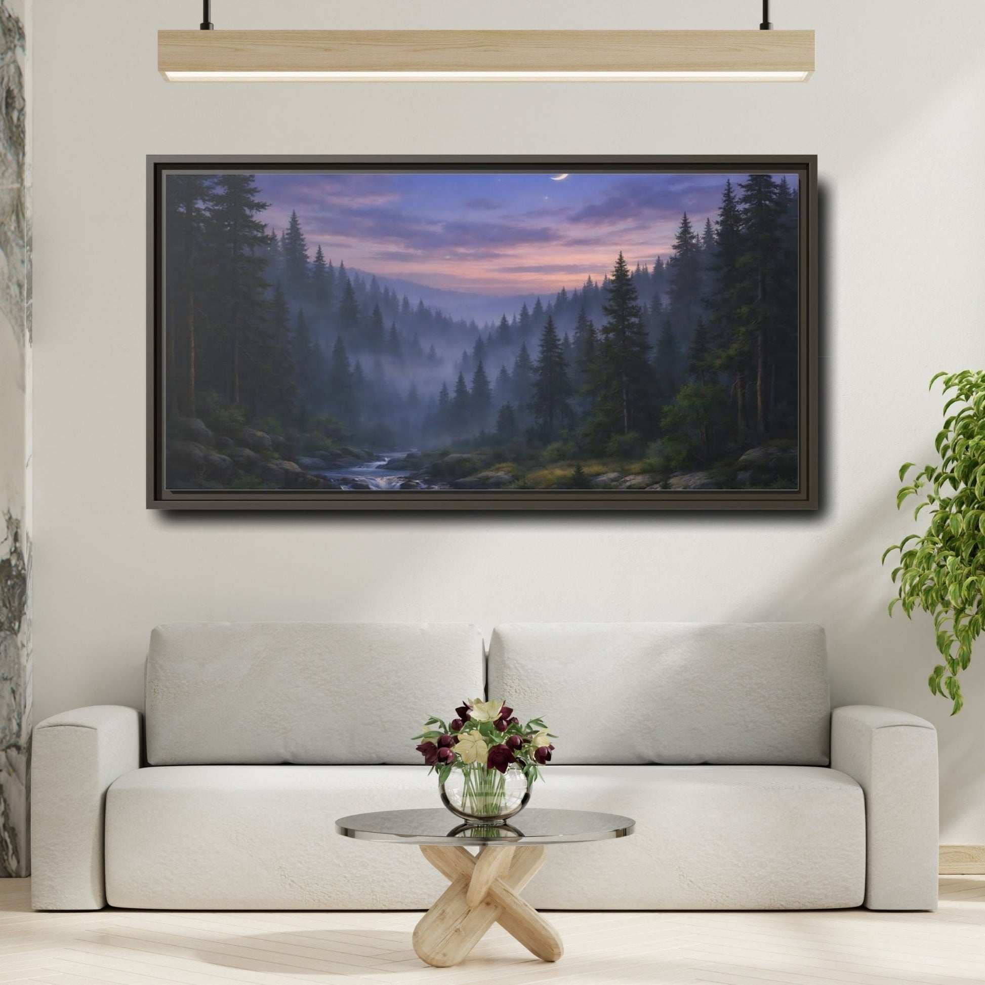 Landscape Nature Forest River Blue Purple - Framed Canvas Wall Art Print - YesArtYes