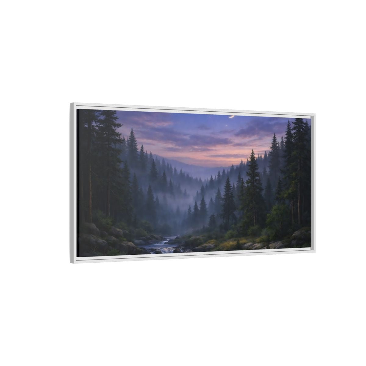Landscape Nature Forest River Blue Purple - Framed Canvas Wall Art Print - YesArtYes