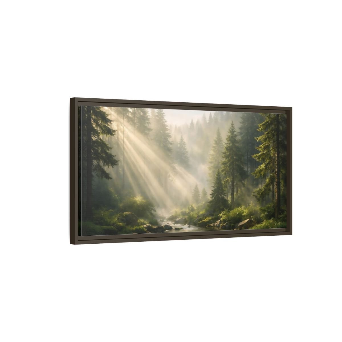 Landscape Nature Forest River Misty Green - Framed Canvas Wall Art Print - YesArtYes
