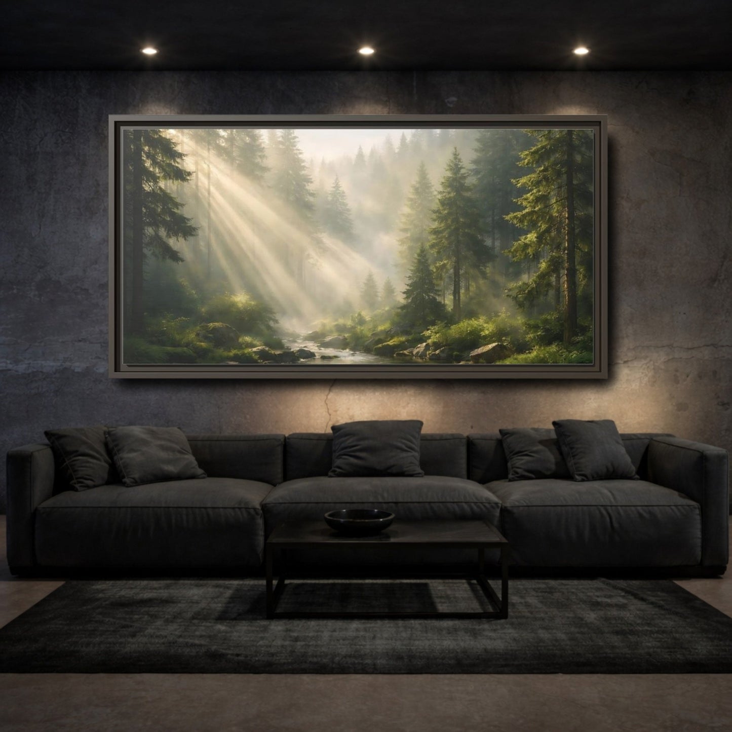 Landscape Nature Forest River Misty Green - Framed Canvas Wall Art Print - YesArtYes