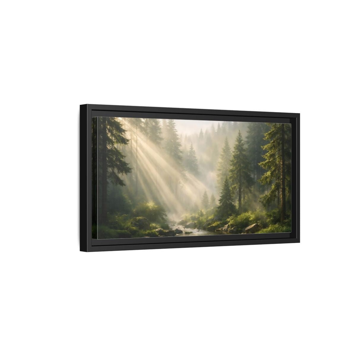 Landscape Nature Forest River Misty Green - Framed Canvas Wall Art Print - YesArtYes