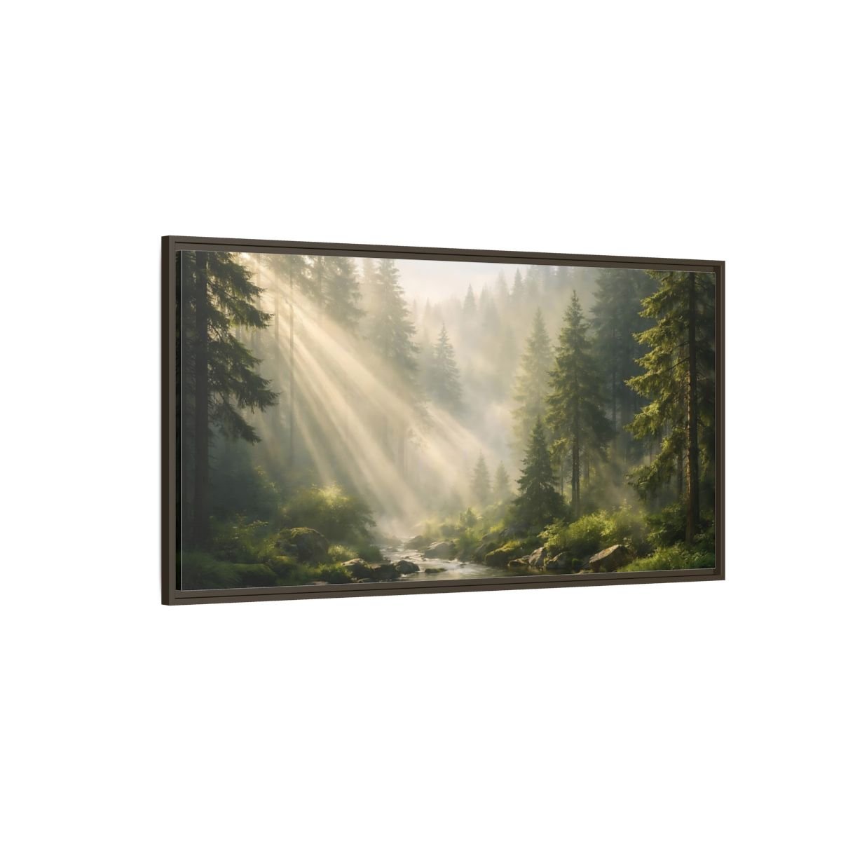 Landscape Nature Forest River Misty Green - Framed Canvas Wall Art Print - YesArtYes