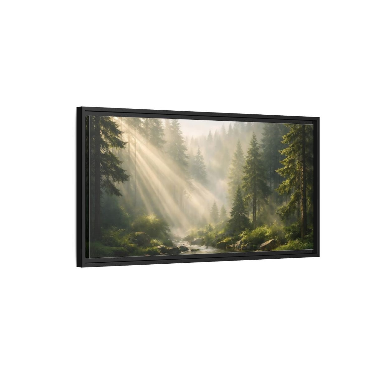 Landscape Nature Forest River Misty Green - Framed Canvas Wall Art Print - YesArtYes