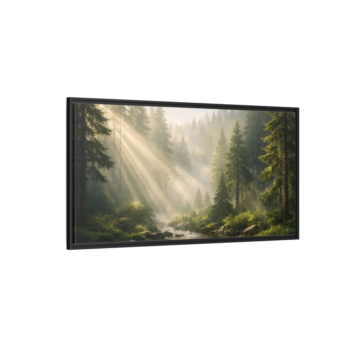 Landscape Nature Forest River Misty Green - Framed Canvas Wall Art Print - YesArtYes