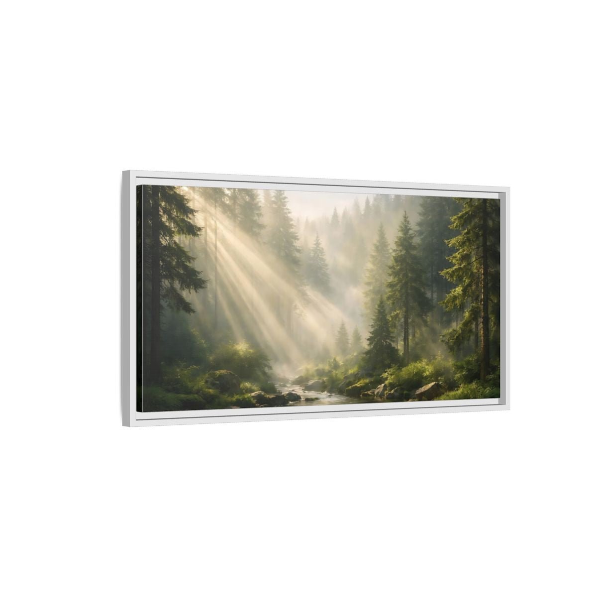 Landscape Nature Forest River Misty Green - Framed Canvas Wall Art Print - YesArtYes